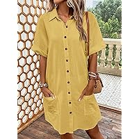 Women's Dresses Batwing Sleeve Pocket Patched Shirt Dress Dress for Women (Color : Yellow, Size : Small)