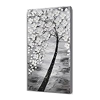 Yihui Arts 3D White Flower Canvas Wall Art Hand Painted Grey Paintings Vertical Artwork for Living Room Bedroom Hallway Decoration