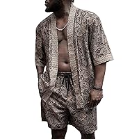 Men's Plus Size 2 Pieces Outfits Short Sleeve Printed Kimono and Drawstring Waist Shorts Sets
