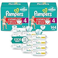 Pampers Pull On Cruisers 360° Fit Disposable Baby Diapers Size 4, 2 Months Supply (2 x 144 Count) with Sensitive Water Based Wipes 12X Multi Pack Pop-Top and Refill (1008 Count)