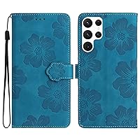 Galaxy S24 Ultra Case Wallet for Women, Card Holder Folding Flip Design Flower Embossing Leather Magnetic Folio Cover Compatible with Samsung Galaxy S24 Ultra (Blue)