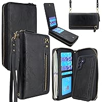 Lacass Wallet for Samsung Galaxy A15 5G, Crossbody Dual Zipper Detachable Magnetic Leather Wallet Case Cover Wristlets Wrist Strap 13 Card Slots Money Pocket (Black)
