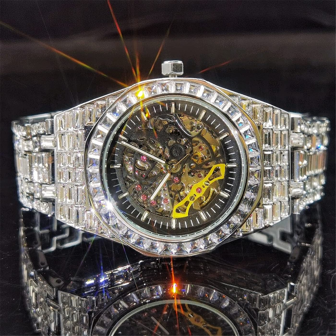 ICEDIAMOND Herren 39MM Mode Durchbrochene Handaufzug Mechanische Armbanduhr, Full Pave Funkelnde Baguette Zirkonia simulierte Diamanten, Luxus Skelett Runde Zifferblatt Uhr
