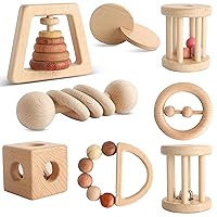 Wooden Baby Toy 8pcs, Montessori Toys for Babies 1-3 Years Old, Wooden Rattles Toy Set for Infant Grasping, Sensory Development, Gift for Baby Boys Girls (Natural Wood)