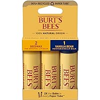 Burt’s Bees Lip Balm, 3 Larger Recycled Paper Tubes with 2x the Balm per Tube, Moisturizing Lip Care for All Day Hydration - 2 Original Beeswax & 1 Vanilla (3 Pack)