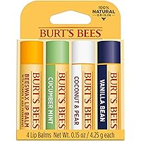 Burt's Bees Lip Balm Mothers Day Gifts for Mom - Beeswax, Cucumber Mint, Coconut and Pear, and Vanilla Bean Pack, With Responsibly Sourced Beeswax, Tint-Free, Natural Lip Treatment, 4 Tubes, 0.15 oz.