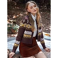 Women's Cardigans Floral & Argyle Pattern Cardigan (Color : Coffee Brown, Size : Large)