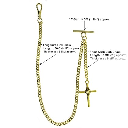 Albert Chain Gold Color Pocket Watch Chains for Men with T Bar Swivel Clasp and Religious Cross Fob AC80