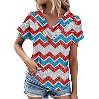 Womens top Trendy 2024 4th of July Button Down Tops Y2K Tops Short Sleeve V Neck Shirts Comfy Summer Clothes