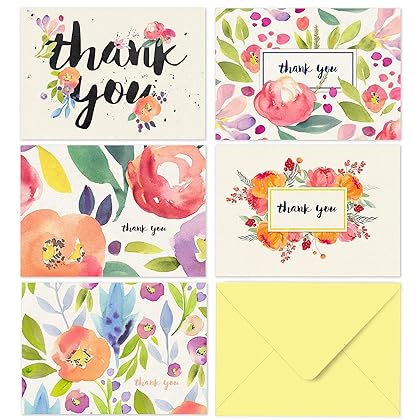 Fresh & Lucky 40 Thank You Cards With Yellow Envelopes - Multiple Watercolor Floral Graphic Designs - Perfect For Wedding Gifts, Birthday Gift, Party Invitations, Business Events, Donation Events And Any Occasions