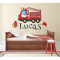 Fire Truck Wall Decal - Custom Name Wall Decals for Boys Room - Nursery Kids Bedroom Wall Decor - Firetruck Decor Decals - Fireman Firefighter Wall Art Sticker Toodler Bedroom Decor