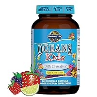 Garden of Life Oceans DHA Supplement for Kids with 250mg of Omega 3s, EPA, Vitamin D3 & A Pure Cod Liver Fish Oil Chewable for Brain, Heart & Immune Health - Berry Lime, Sugar Free, 30 Servings