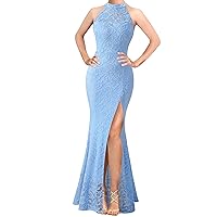 VFSHOW Womens Formal Sexy Halter High Slit Prom Wedding Guest Maxi Dress 2023 Illusion Sweetheart Neckline Evening Long Gown