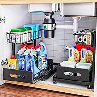 2 Pack Under Sink Organizers and Storage,Pull Out Cabinet Organizer,2-Tier Sliding Out Kitchen Basket Sink Shelf Cabinet Organizers Adjustable L Shape Counter Organizers for Bathroom Kitchen (Black)