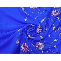 Indian Vintage Blue Dress Georgette Home Decorative Art Décor DIY Fabric Embroidered Textile