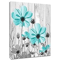 LB Teal Flower Wall Art Farmhouse Grey Floral Canvas Wall Art for Bedroom Rustic Plant Painting Wood Framed Prints Wall Decor for Living Room Bathroom,16x24 inches