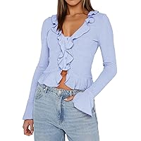 Women's Ruffle Long Bell Sleeve Tops V Neck Button Down Shirt Y2K Crop Top Going Out Blouses Streetwear 2023 Autumn New