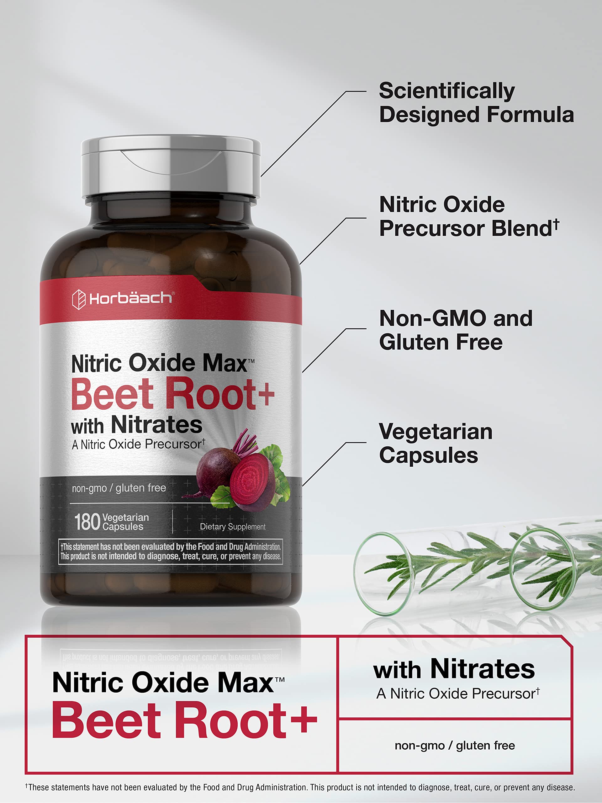 Nitric Oxide Beet Root Capsules | with Nitrates | 180 Count | Nitric Oxide Precursor | Vegetarian, Non-GMO, Gluten Free Supplement | by Horbaach