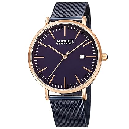 August Steiner Men's Classic Watch - Simple and Elegant Every Day Timepiece with Date Window On Stainless Steel Mesh Bracelet - AS8283