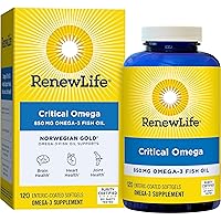 Renew Life Norwegian Gold Critical Omega Softgels, Daily Supplement Supports Heart, Brain and Joint Health, EPA and DHA Omega-3 Fish Oil, Dairy and gluten-free, 850 Mg 120 Count