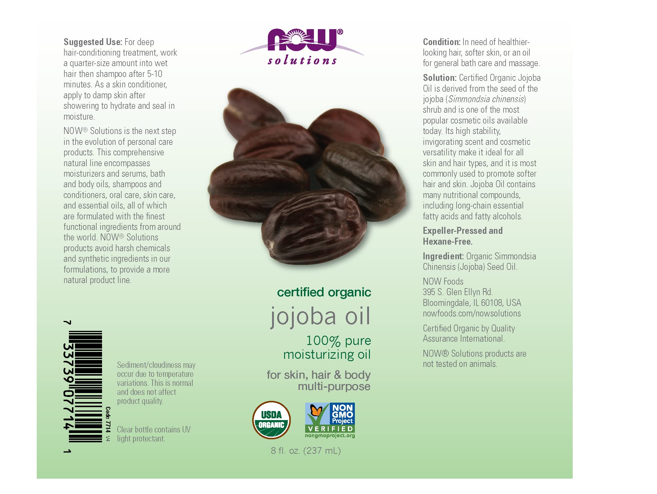 NOW Solutions, Organic Jojoba, Moisturizing Multi-Purpose Oil for Face, Hair and Body, 8-Ounce