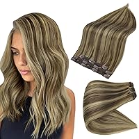 Full Shine Brown Hair Extensions Clip In Human Hair Clip In Hair Extensions Real Human Hair 14 Inch #4 Chestnut Brown With Medinum Blonde Highlight Brown Balayage 3 Pcs 60 Grams