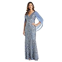 R&M Richards Womens Beaded Lace Gown with Sheer Wrap Around Sleeves