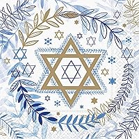 Jewish Holiday Party Napkins 40CT | 2 Packs of 20CT Lunch Napkins | Judaic Stars and Leaves, Blue, Gold and White, 6.5-Inch