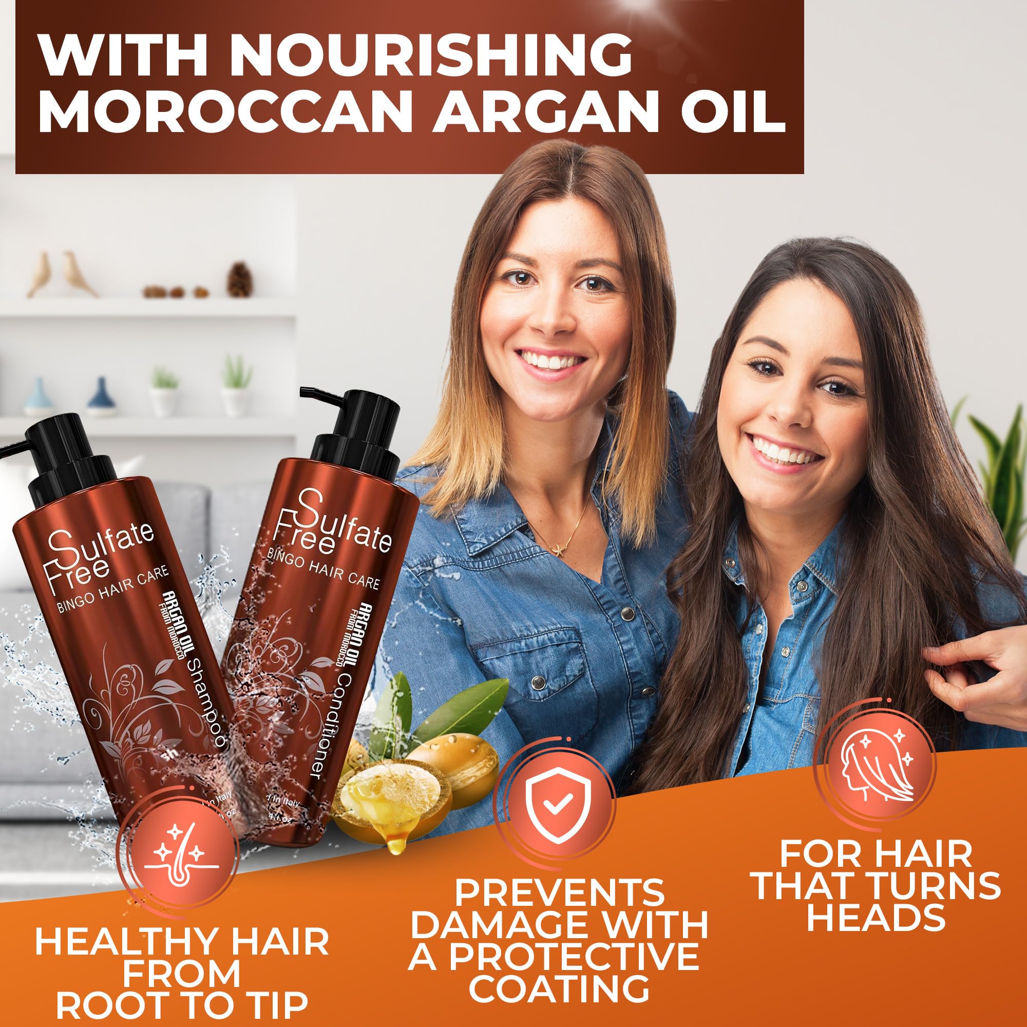Moroccan Argan Oil Shampoo and Conditioner Set - Sulfate Free, Anti Frizz Hydrating Care for Women - Deep Moisturizing Treatment for Color, Keratin Treated, Curly, Damaged and Dry Hair
