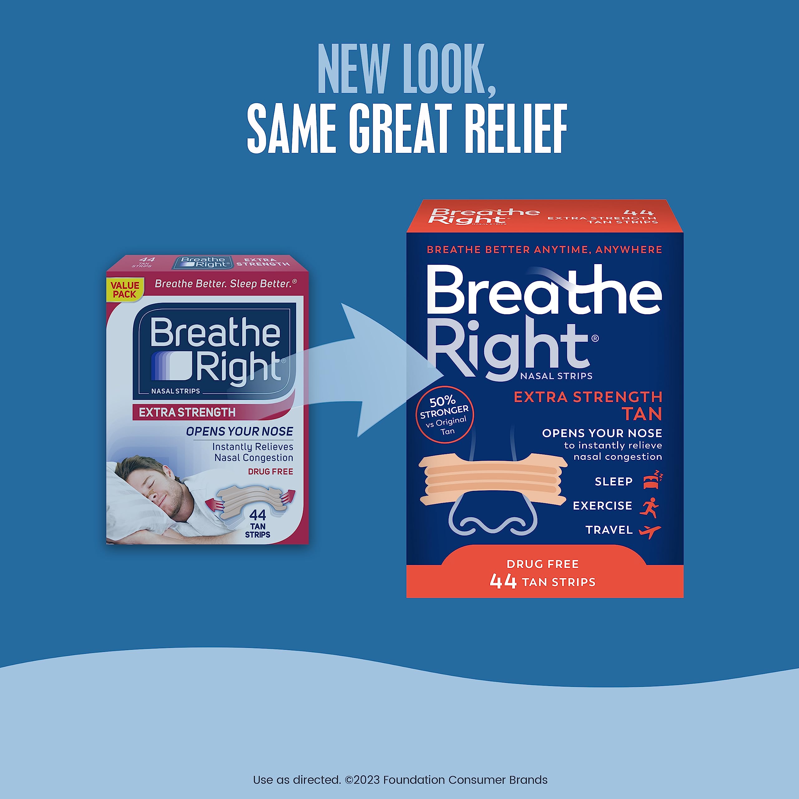 Breathe Right Nasal Strips, Extra Strength, Tan Nasal Strips, Help Stop Snoring, Drug-Free Snoring Solution & Instant Nasal Congestion Relief Caused by Colds & Allergies, 44ct (packaging my vary)