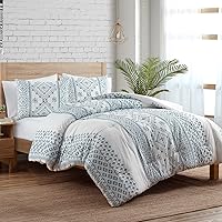 Queen Comforter Set, Soft Bedding with Matching Shams, Wrinkle-Resistant Boho Decor (White Denim Collection, Queen)