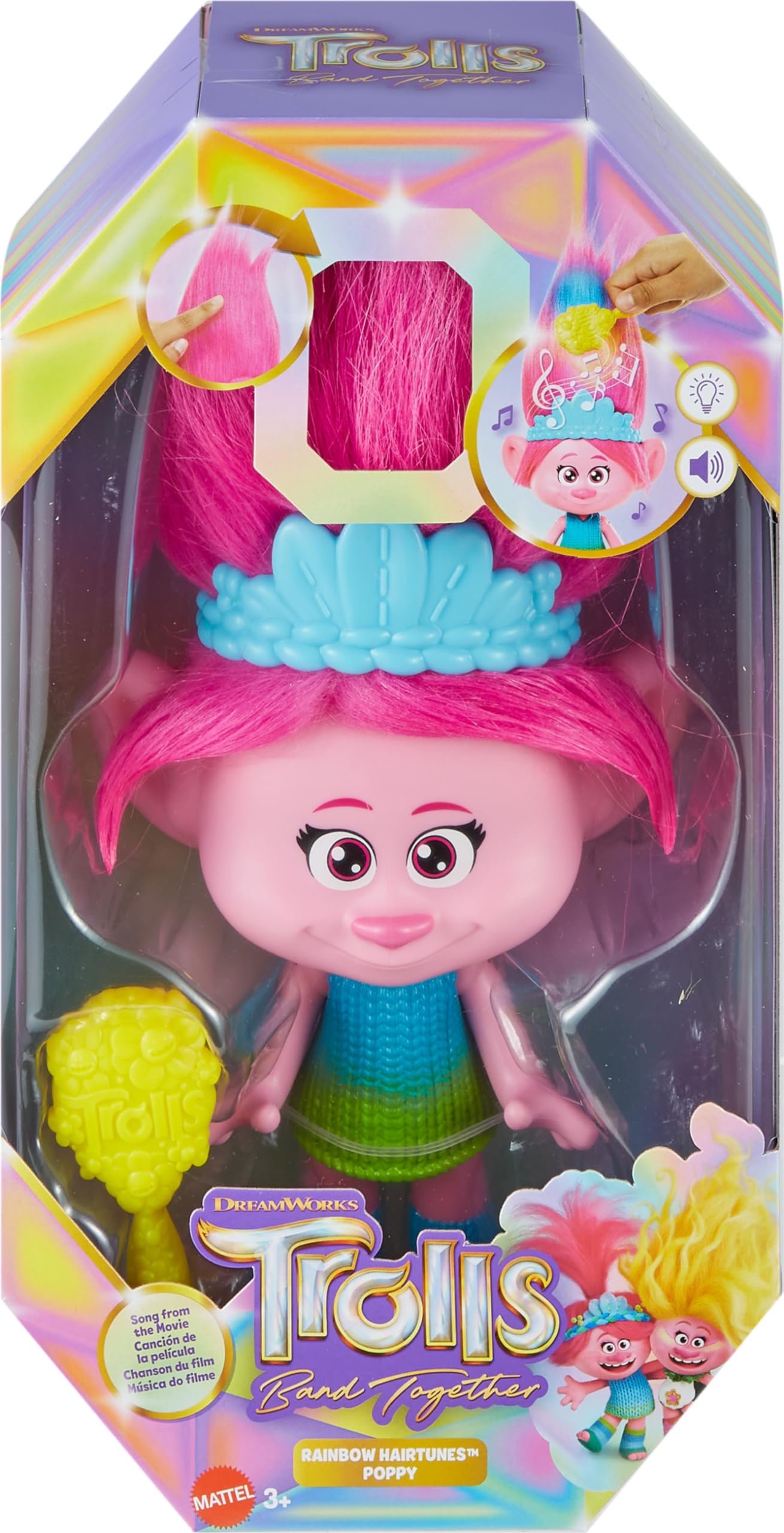 Mattel DreamWorks Trolls Band Together Rainbow HairTunes Queen Poppy Doll & Crown Accessory with Light-Up Hair, Music & Sounds