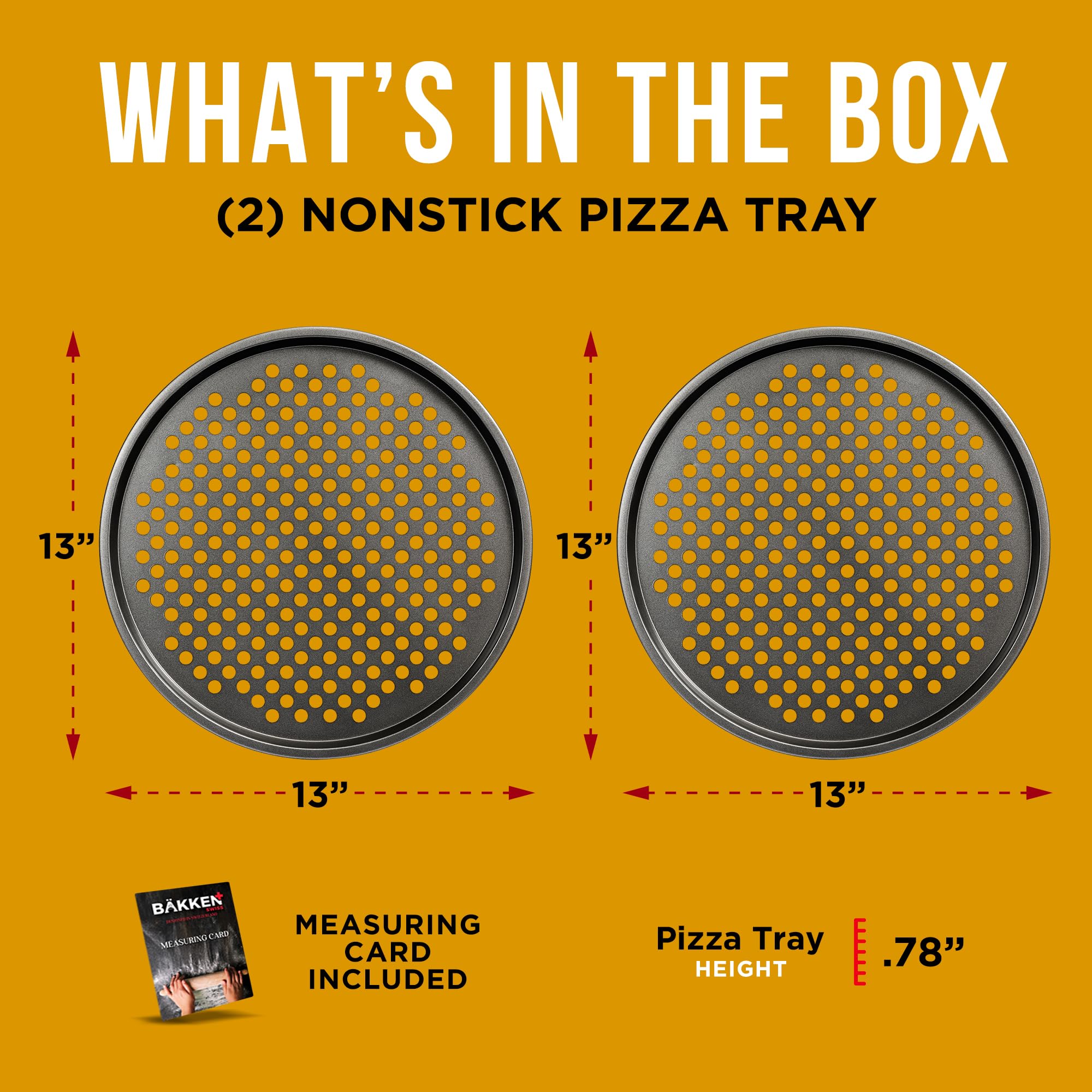Bakken- Swiss Non-Stick Pizza Pan with Holes - 13-Inch Perforated Pizza Crisper Carbon Steel Pizza Pan - 2 Round Pizza Trays with Silicone Handles PFOA PFOS and PTFE Free