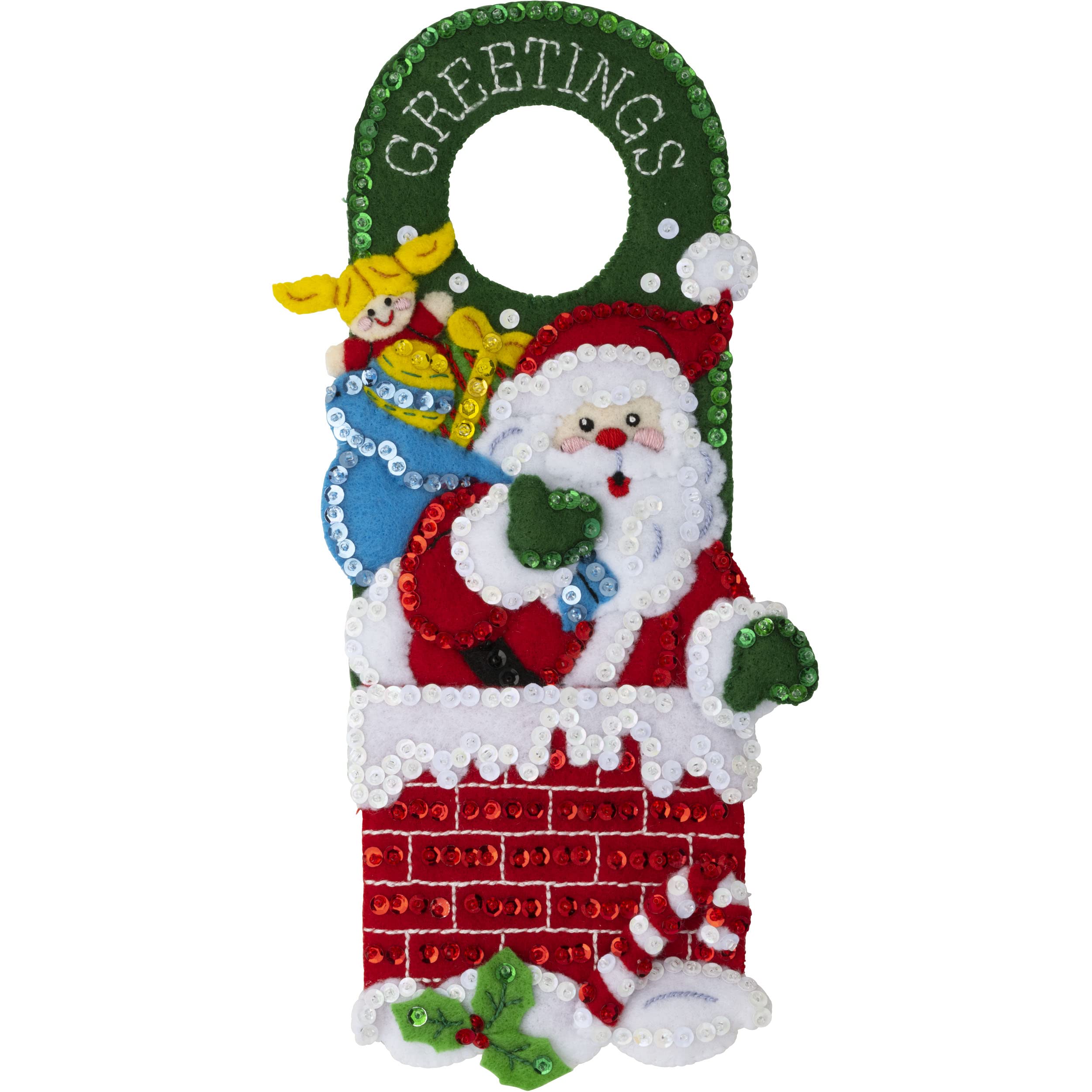 Bucilla, Holiday Christmas Set of 2 Felt Applique Door Hanger Making Kit, Supplies for DIY Needlepoint Arts and Crafts, 89471E