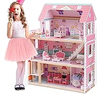 Wooden Dollhouse, Doll Houses with 24 Pieces Furniture for 4, 5, 6-Inch Dolls, Dollhouse Gift for 3+ Year Old Girls (Pink)