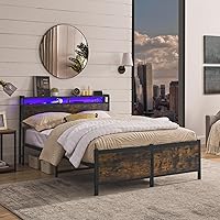 LED Bed Frame Queen Size, Storage Headboard, LED Lights, USB Ports Metal Platform Bed with Strong Slats Support Mattress Foundation No Box Spring Needed