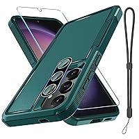 for Samsung Galaxy S24 Case, Full Body Heavy Duty Rugged Shockproof Protective Phone Cover with Lanyard Strap, Tempered Glass Screen Protector and Camera Lens Cover, Dark Green