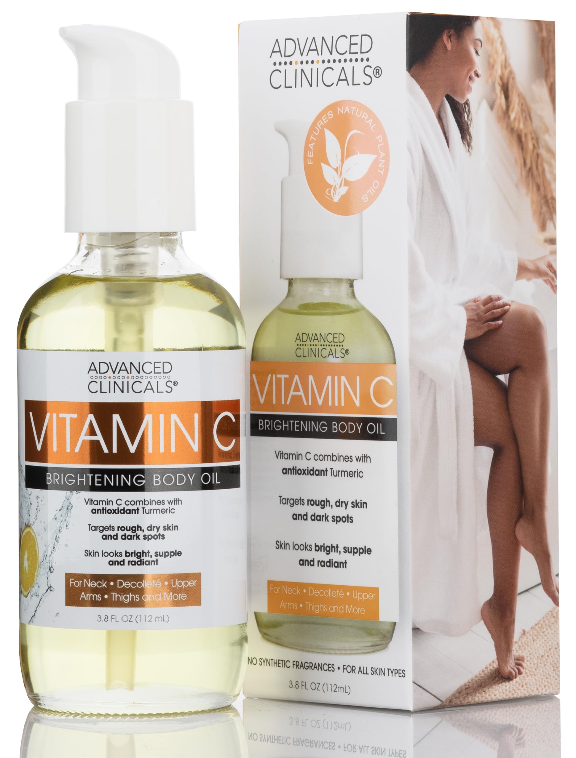 Advanced Clinicals Vitamin C Body Oil Skin Care Moisturizer W/Vitamin E & Turmeric - Nourishing, Brightening, & Hydrating Body Oil To Improve Look Of Dark Spots, Dry Skin, & Stretch Marks, 3.8 Fl Oz