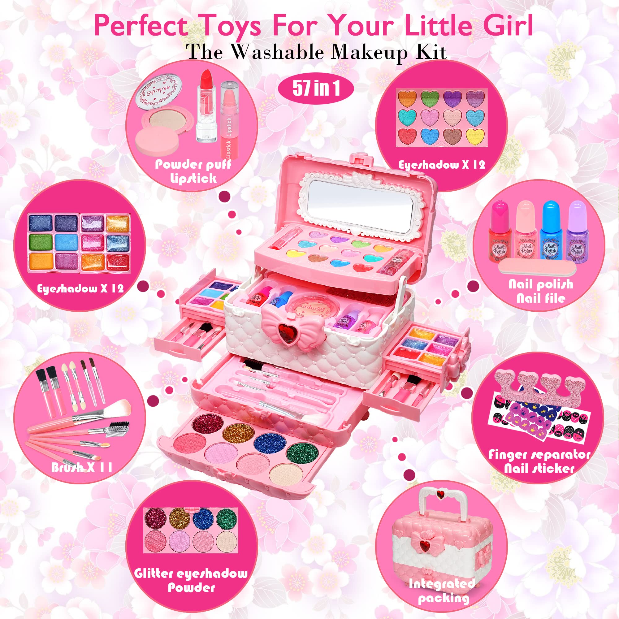 Kids Makeup Kit for Girl - 57PCS Kids Toys Kid Make Up Set,Non Toxic &  Washable Little Girls Toddler Toy,Girl Toys Princess Play Makeup for  Children Age 4-12 Years Old,Teen Christmas 