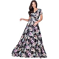 KOH KOH Womens Long Cap Sleeves Floral Print V-Neck Summer Sundress Maxi Dress