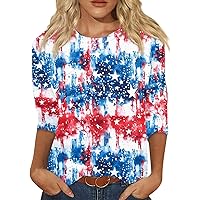Summer Casual 3/4 Sleeve for Women Independence Day USA Printed Crew Neck Tops Flag Day T-Shirt