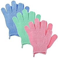 Exfoliating Gloves, 3 Pairs Shower Scrub Gloves, 3 Colors Bath Loofah Glove Exfoliating Body Scrub Gloves for Women to Remove Dead Skin, Exfoliator Mitt with Hanging Hoops