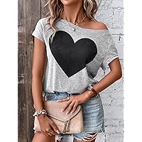 Women's T-Shirt Heart Print Batwing Sleeve Tee T-Shirt for Women KEARACE (Color : Light Grey, Size : Large)