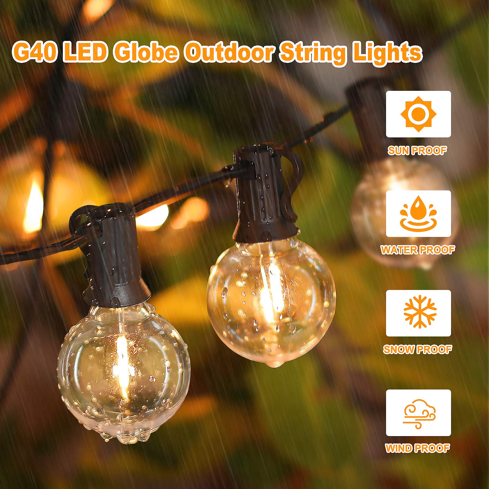 100ft 2-Pack Outdoor G40 LED Globe String Lights Dimmable Waterproof Shatterproof Light Strings with 52 Bulbs Connectable Commercial Hanging Lights for Christmas Patio House Backyard Balcony Party