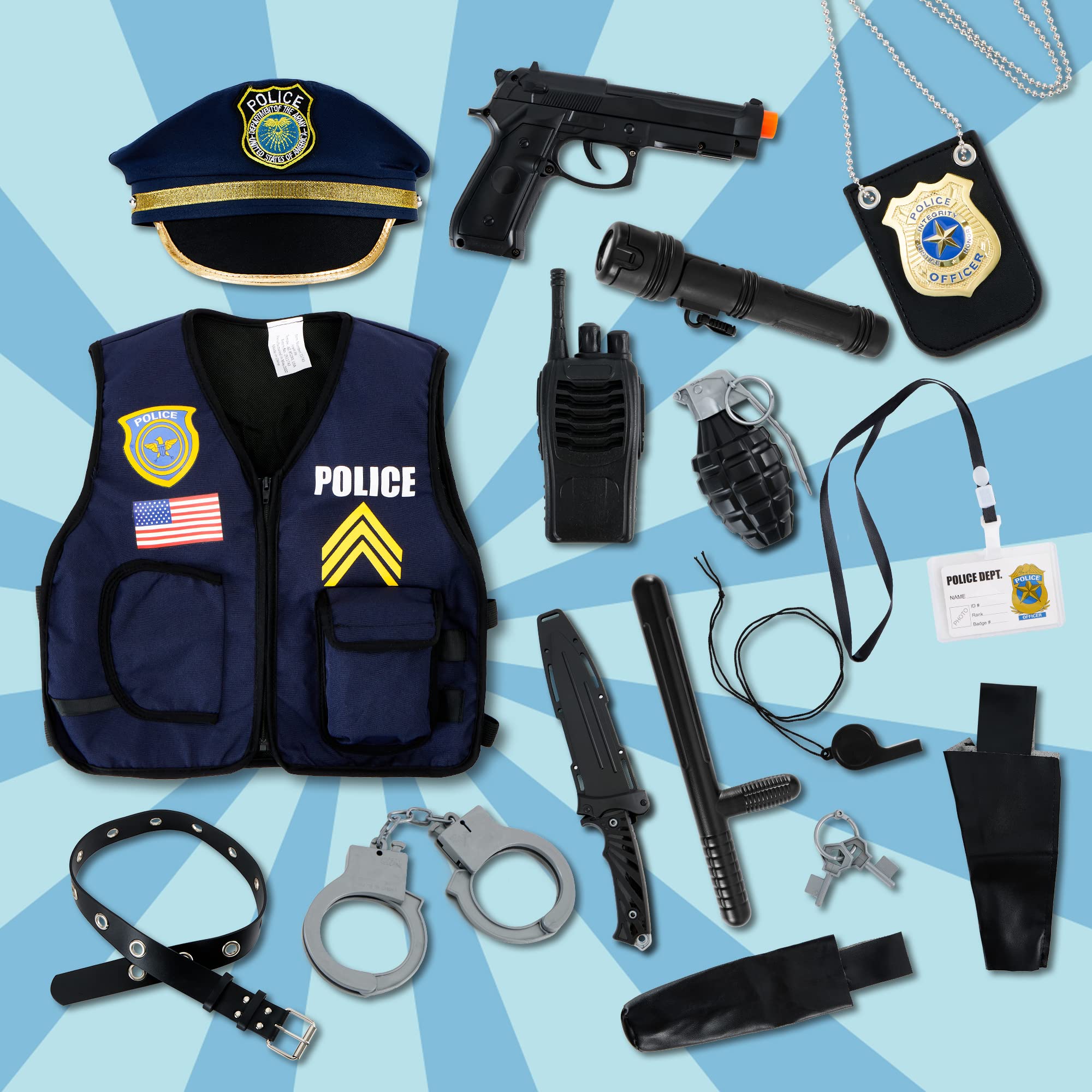 JOYIN 14 Pcs Police Pretend Play Toys Hat and Uniform Outfit for Halloween Dress Up Party, Police Officer Costume, Role-playing
