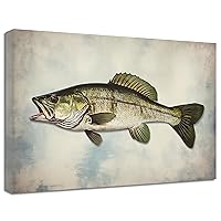 QIXIANG Bass Fish Canvas Wall Art Decor Ocean Animals Fish Vintage Pictures Prints Framed for Kitchen Home Angler Nature Lover Gift (B,12.00