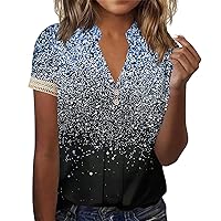 Summer Tops for Women 2024 Printing Short Sleeve Blouses V Neck Button Down Shirts Trendy Casual T Shirts