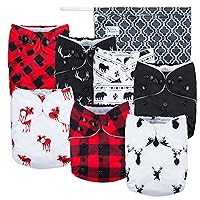 Buffalo Plaid Baby Cloth Pocket Diapers 7 Pack, 7 Bamboo Inserts, 1 Wet Bag by Nora's Nursery