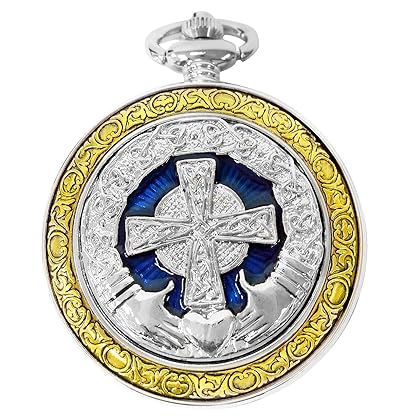 Celtic Pocket Watch Irish Claddagh Cross Motif Case Roman Numerals with Chain Steampunk PW-75