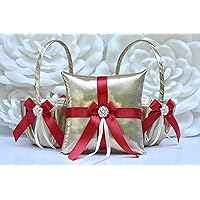 One Ring Pillow and Two Flower Girl Baskets in Gold and Red Color